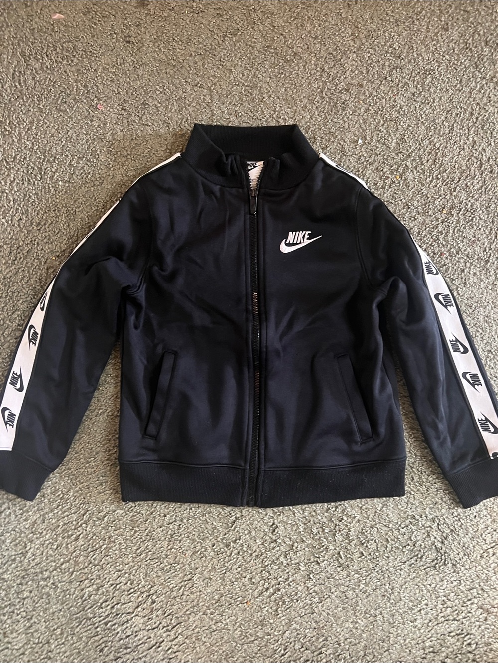 Nike Youth Size 7 (6-7) Black Track Jacket with White Logo & Sleeve Tape